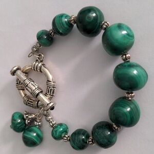 Genuine Malachite Gemstone Beaded Bracelet, Bali Clasp, New, 7 1/2", Boho, Green
